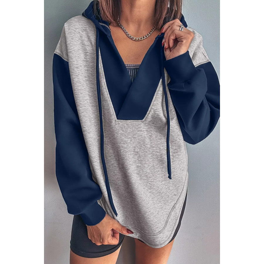 Color Block Patchwork V Neck Drawstring Hoodie Gray / S Apparel and Accessories