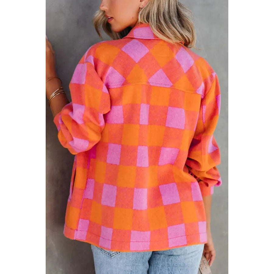 Color Block Plaid Button Up Long Sleeve Jacket Apparel and Accessories