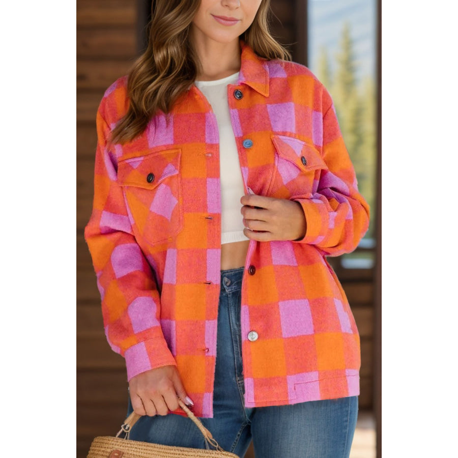 Color Block Plaid Button Up Long Sleeve Jacket Hot Pink / S Apparel and Accessories
