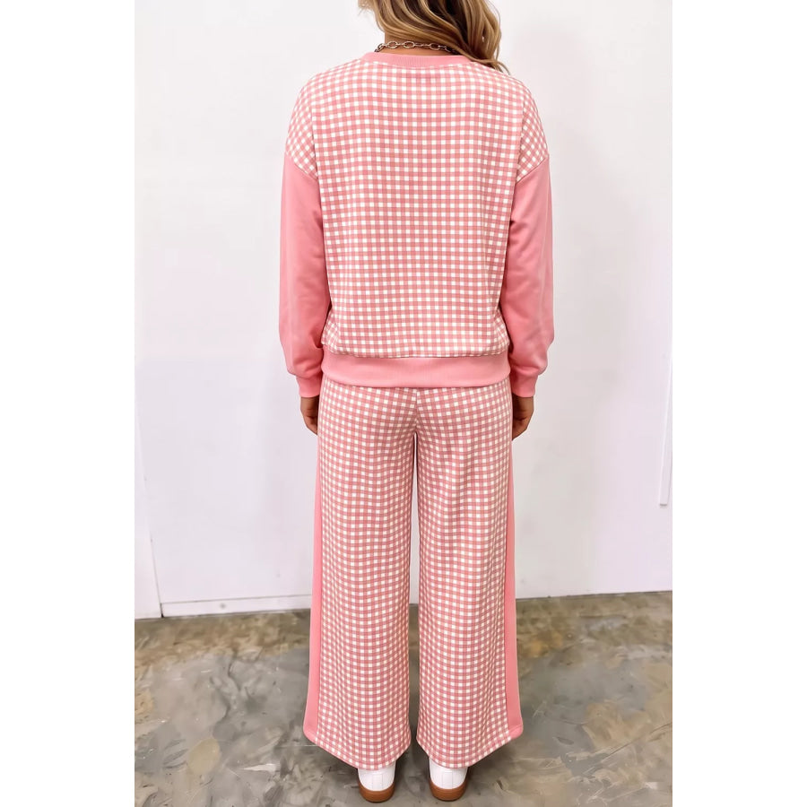 Color Block Plaid Patchwork Long Sleeve Pullover Wide Leg Pant Set Burnt Coral / S Apparel and Accessories