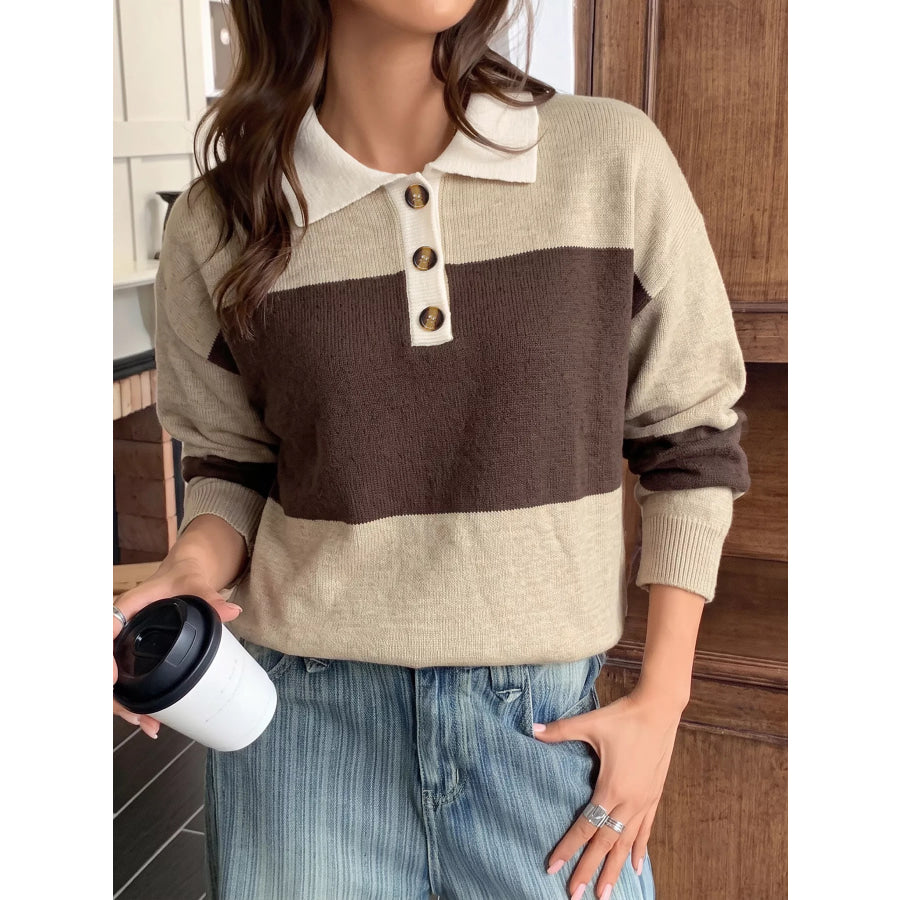 Color Block Polo Collar Sweater Apparel and Accessories