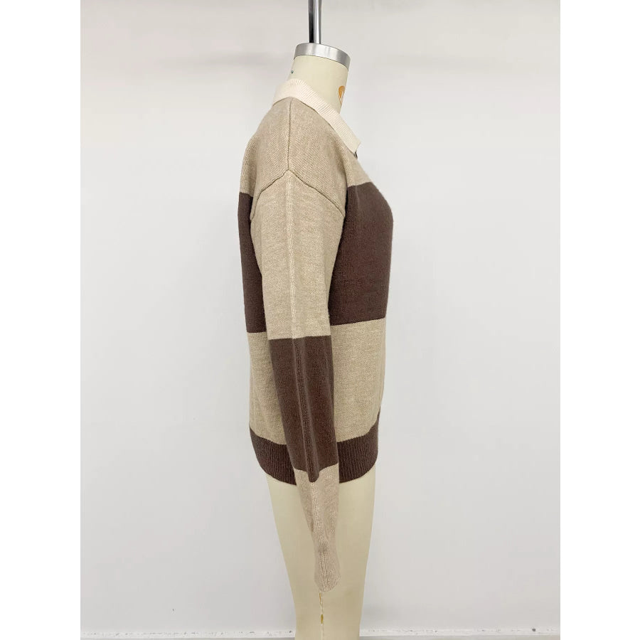 Color Block Polo Collar Sweater Apparel and Accessories