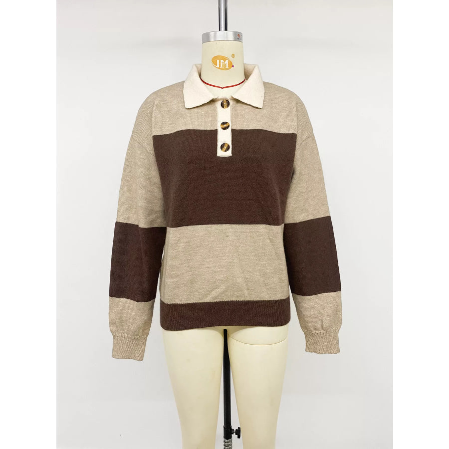 Color Block Polo Collar Sweater Apparel and Accessories