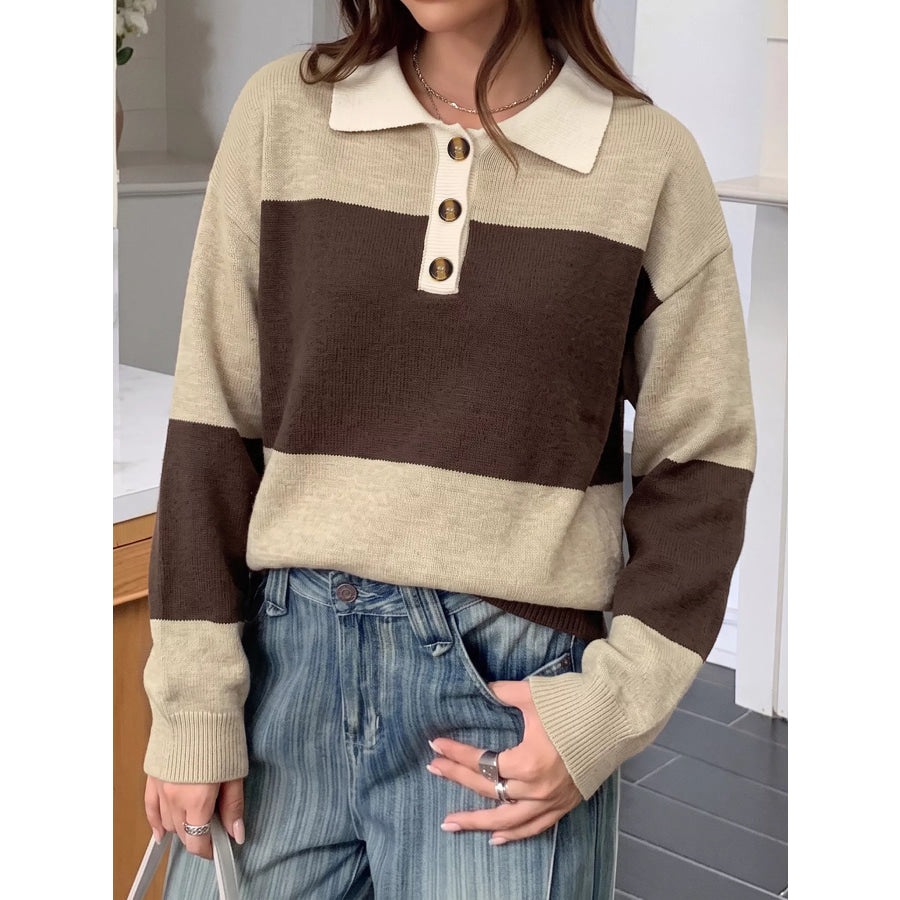 Color Block Polo Collar Sweater Apparel and Accessories