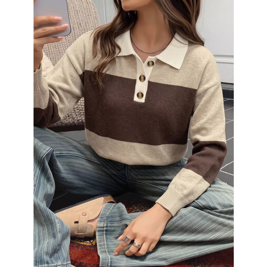 Color Block Polo Collar Sweater Apparel and Accessories