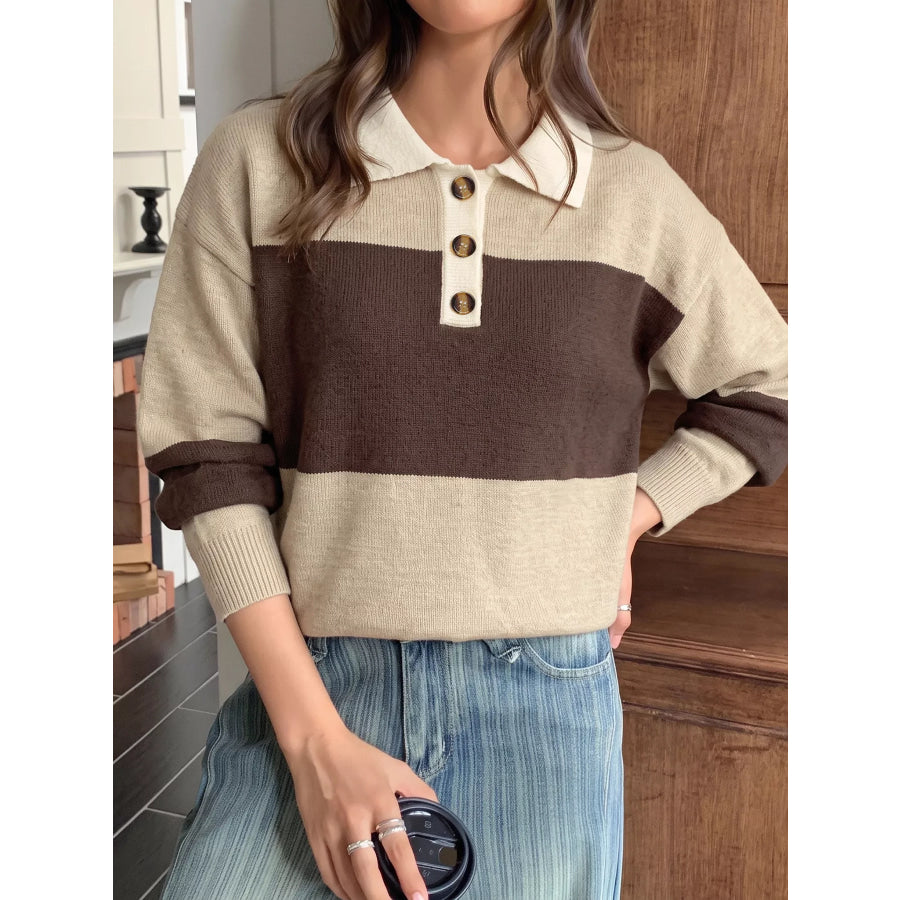 Color Block Polo Collar Sweater Coffee Brown / S Apparel and Accessories