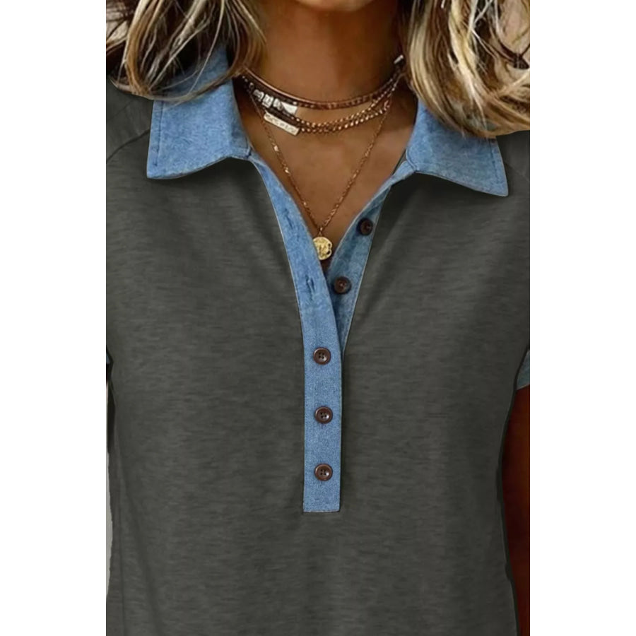 Color Block Polo Neck Patriotic Sequin Star Graphic Polo Tee Apparel and Accessories