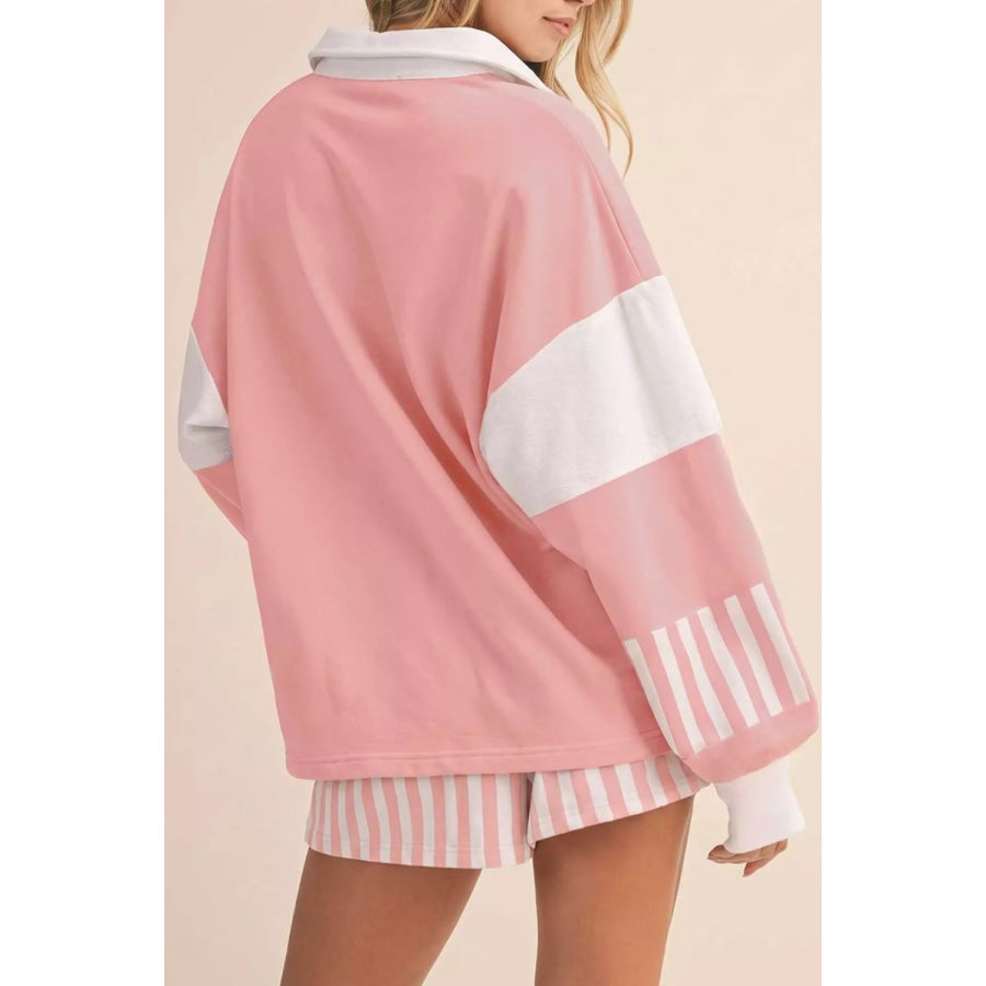 Color Block Polo Shirt and Drawstring Striped Shorts Set Pale Blush / S Apparel and Accessories