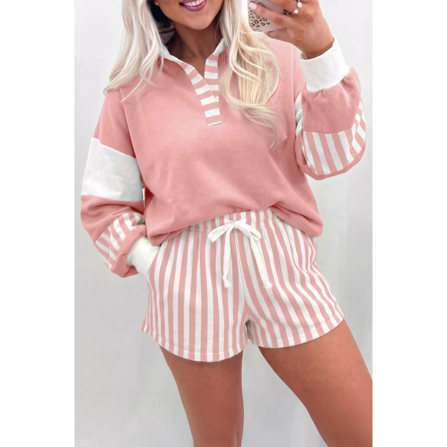 Color Block Polo Shirt and Drawstring Striped Shorts Set Apparel and Accessories
