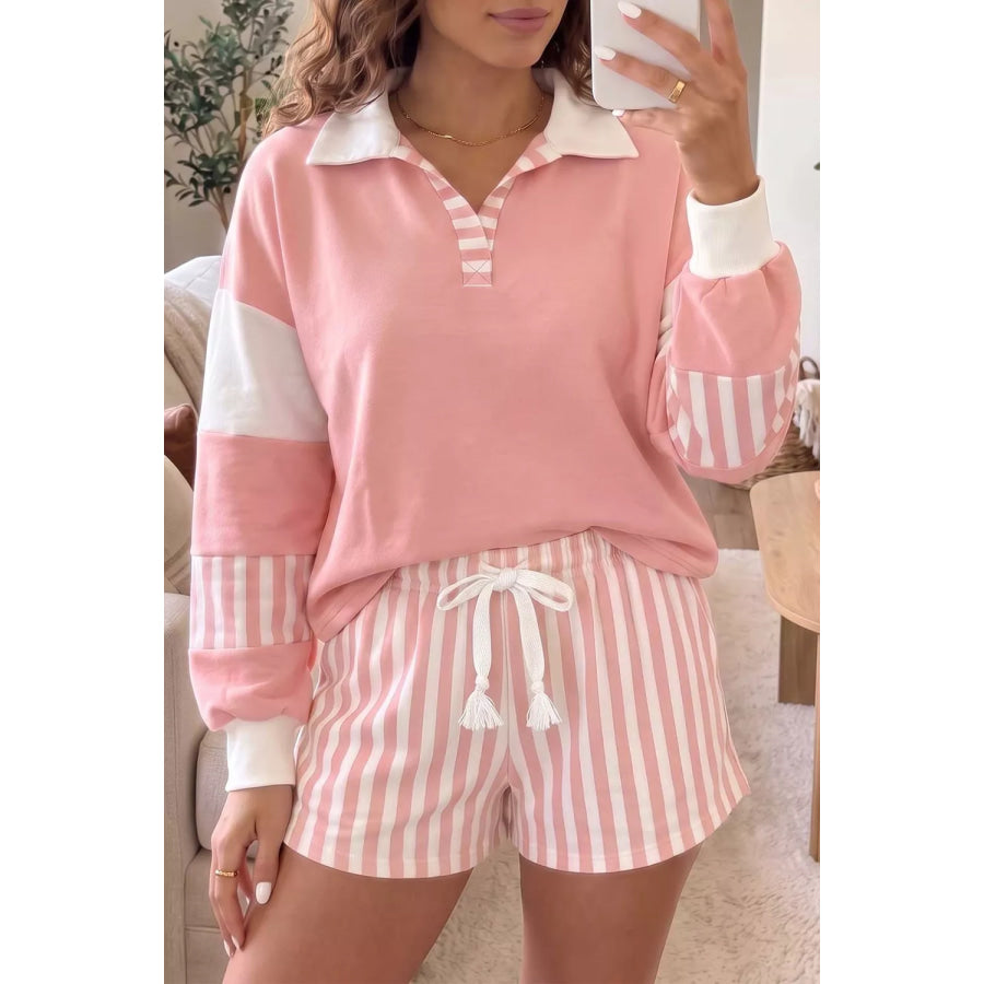 Color Block Polo Shirt and Drawstring Striped Shorts Set Pale Blush / S Apparel and Accessories