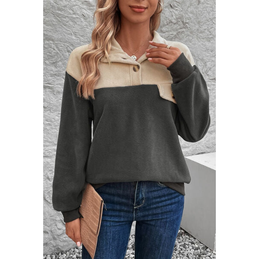 Color Block Quarter Button Dropped Shoulder Sweatshirt Charcoal / S Clothing