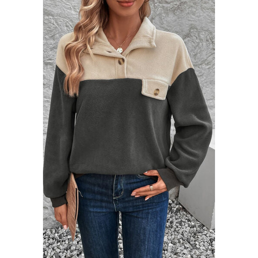 Color Block Quarter Button Dropped Shoulder Sweatshirt Clothing