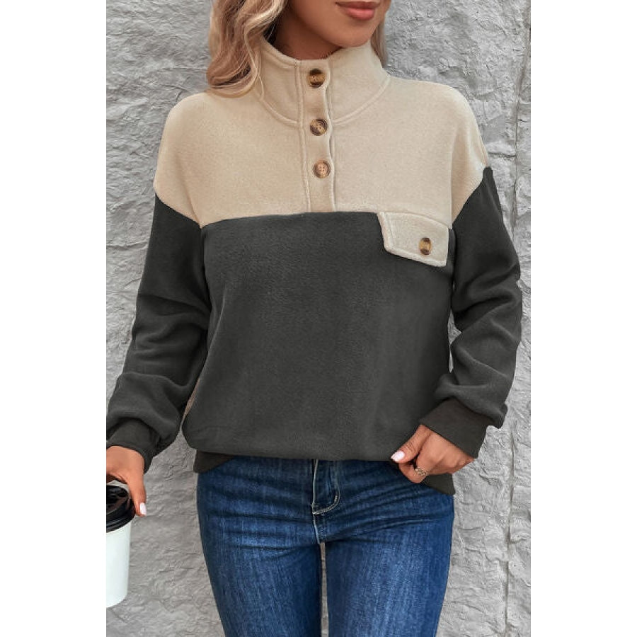 Color Block Quarter Button Dropped Shoulder Sweatshirt Clothing