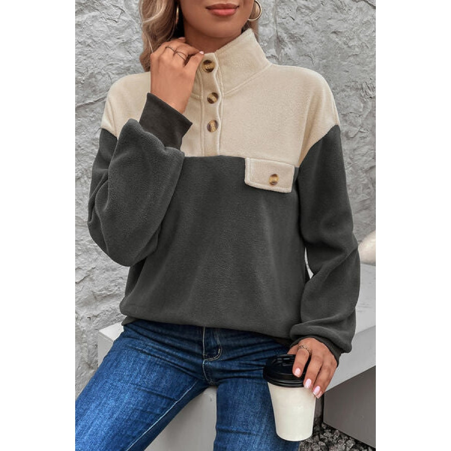 Color Block Quarter Button Dropped Shoulder Sweatshirt Clothing