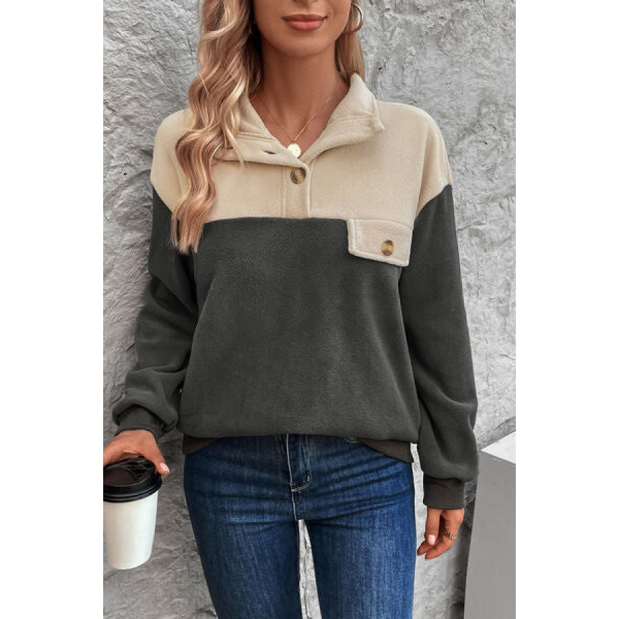 Color Block Quarter Button Dropped Shoulder Sweatshirt Clothing