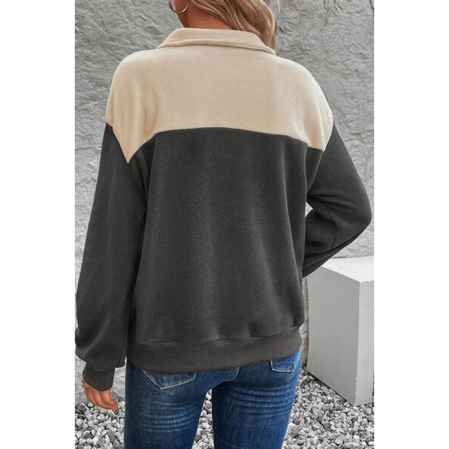 Color Block Quarter Button Dropped Shoulder Sweatshirt Clothing