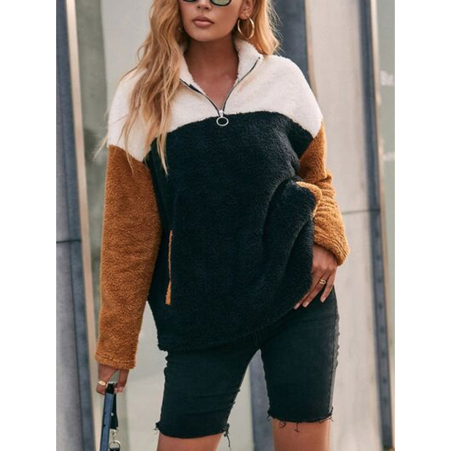 Color Block Quarter Zip Dropped Shoulder Sweatshirt Black / S Apparel and Accessories