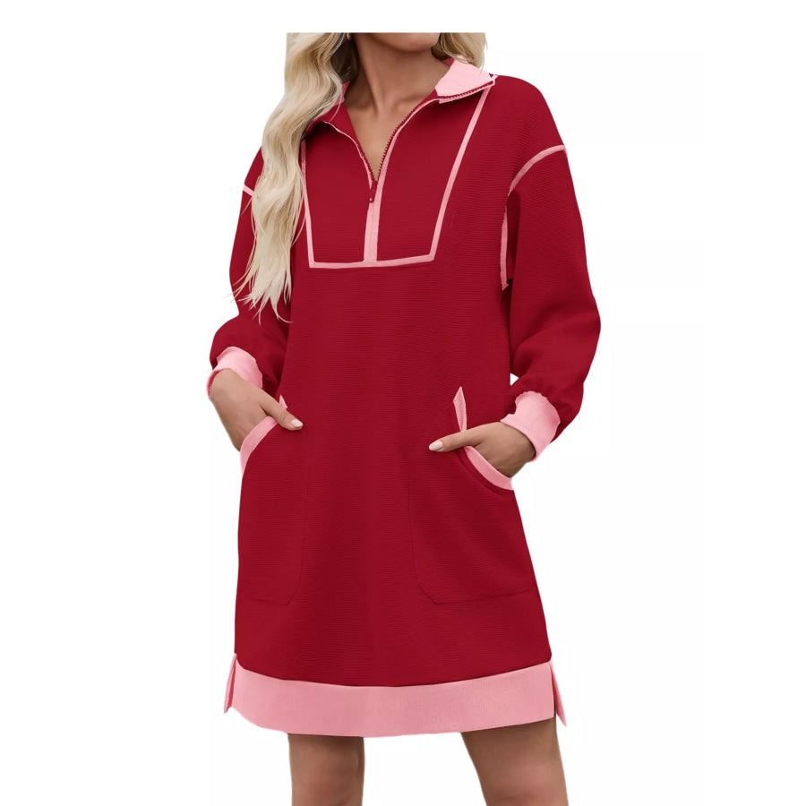 Color Block Quarter-Zip Sweatshirt Dress Red / S Apparel and Accessories
