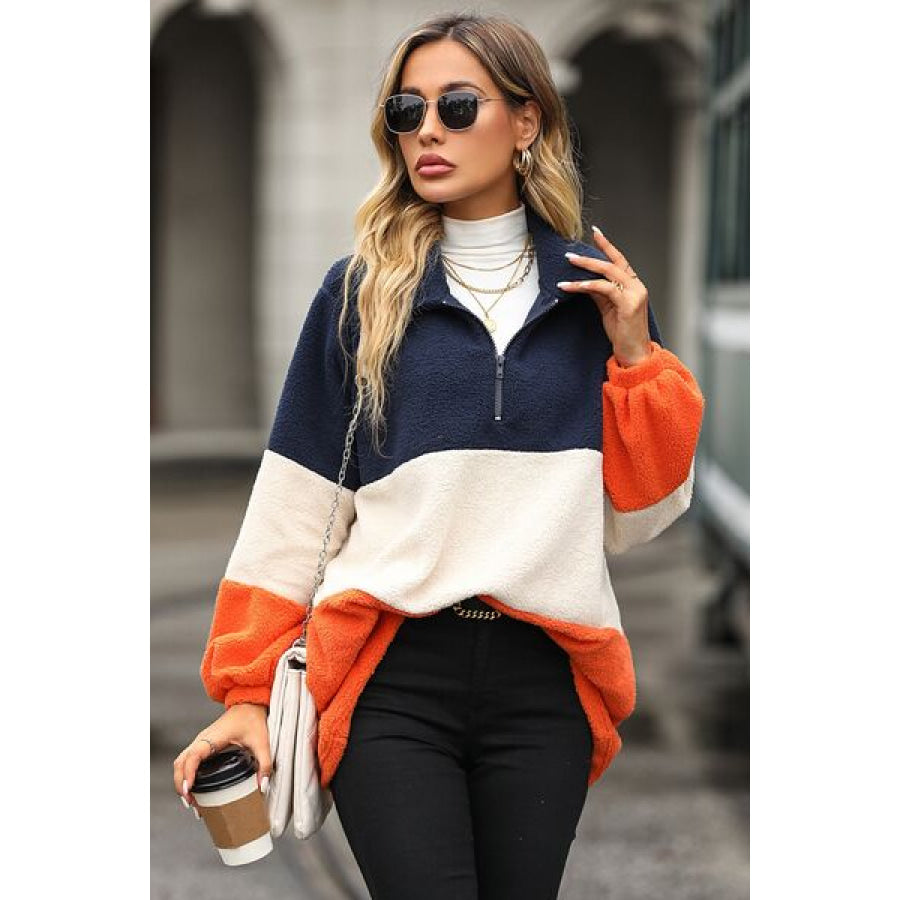 Color Block Quarter Zip Sweatshirt Orange / S Apparel and Accessories