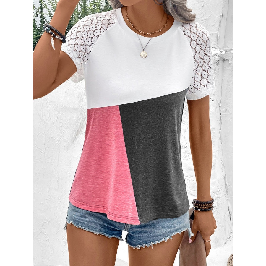 Color Block Raglan Sleeve Round Neck Tee Rouge Pink / S