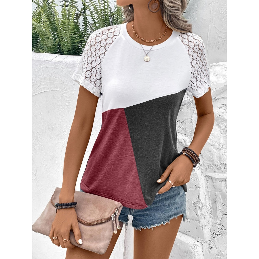 Color Block Raglan Sleeve Round Neck Tee Wine / S