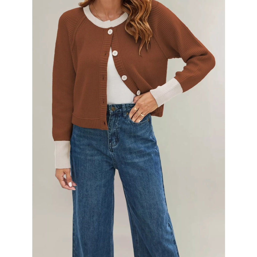 Color Block Ribbed Knit Button-Front Cardigan Brown / S Apparel and Accessories