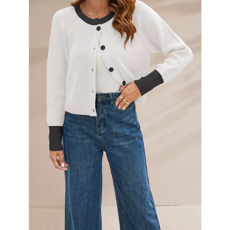 Color Block Ribbed Knit Button-Front Cardigan White / S Apparel and Accessories