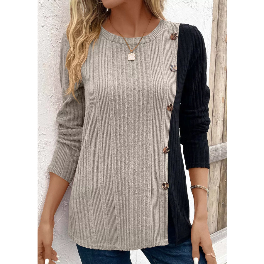 Color Block Ribbed Knit Decor Button T-Shirt Dust Storm / S Apparel and Accessories