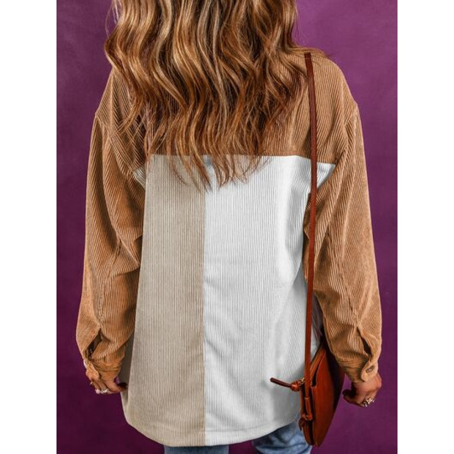 Color Block Ribbed Pocketed Button Up Jacket Tan / S Clothing