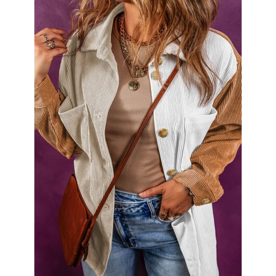 Color Block Ribbed Pocketed Button Up Jacket Tan / S Clothing