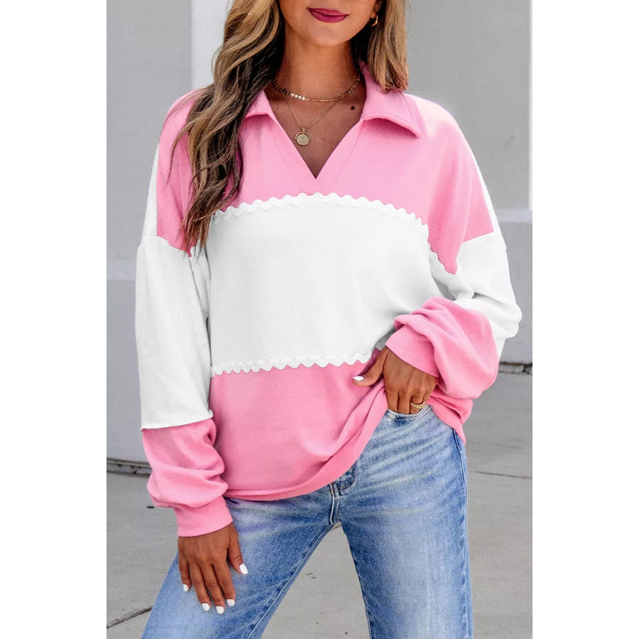 Color Block Ricrac Trim Patchwork Collar V Neck Long Sleeve Top Apparel and Accessories