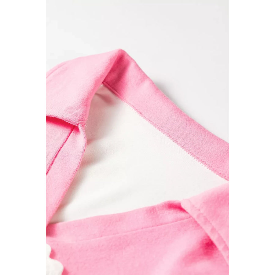 Color Block Ricrac Trim Patchwork Collar V Neck Long Sleeve Top Apparel and Accessories