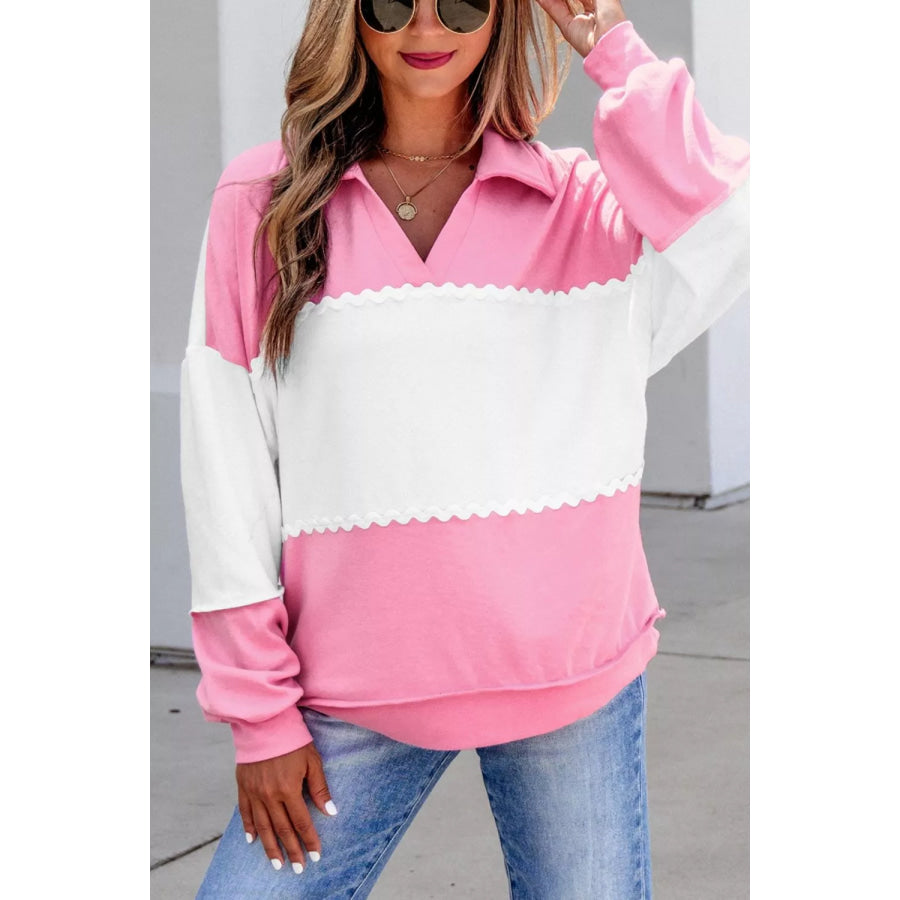 Color Block Ricrac Trim Patchwork Collar V Neck Long Sleeve Top Apparel and Accessories