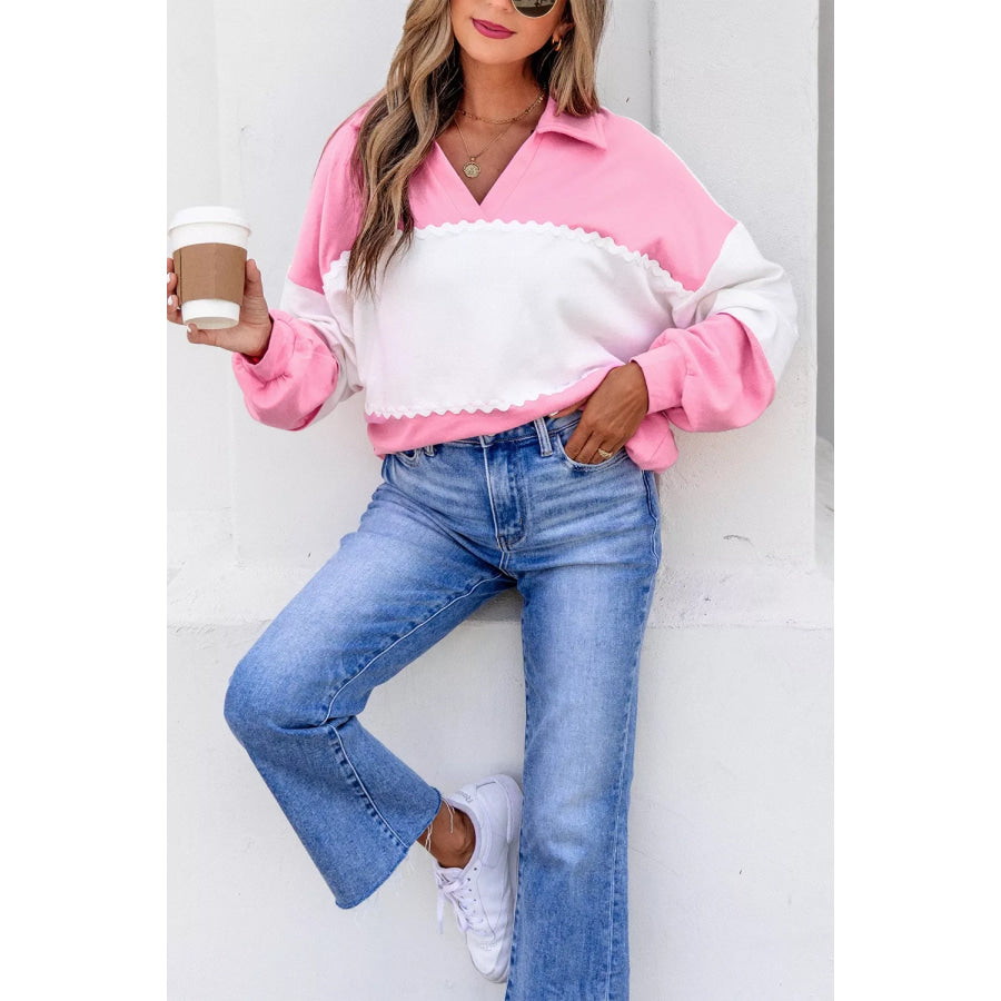 Color Block Ricrac Trim Patchwork Collar V Neck Long Sleeve Top Apparel and Accessories