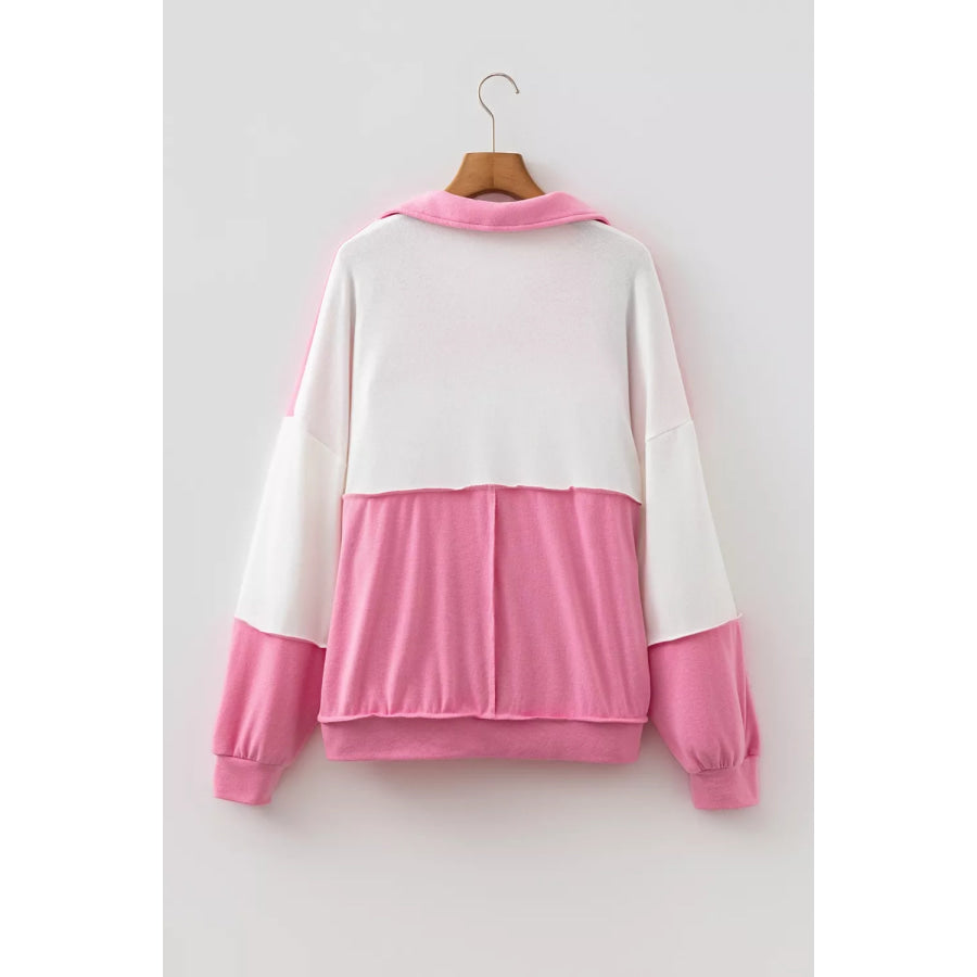 Color Block Ricrac Trim Patchwork Collar V Neck Long Sleeve Top Apparel and Accessories