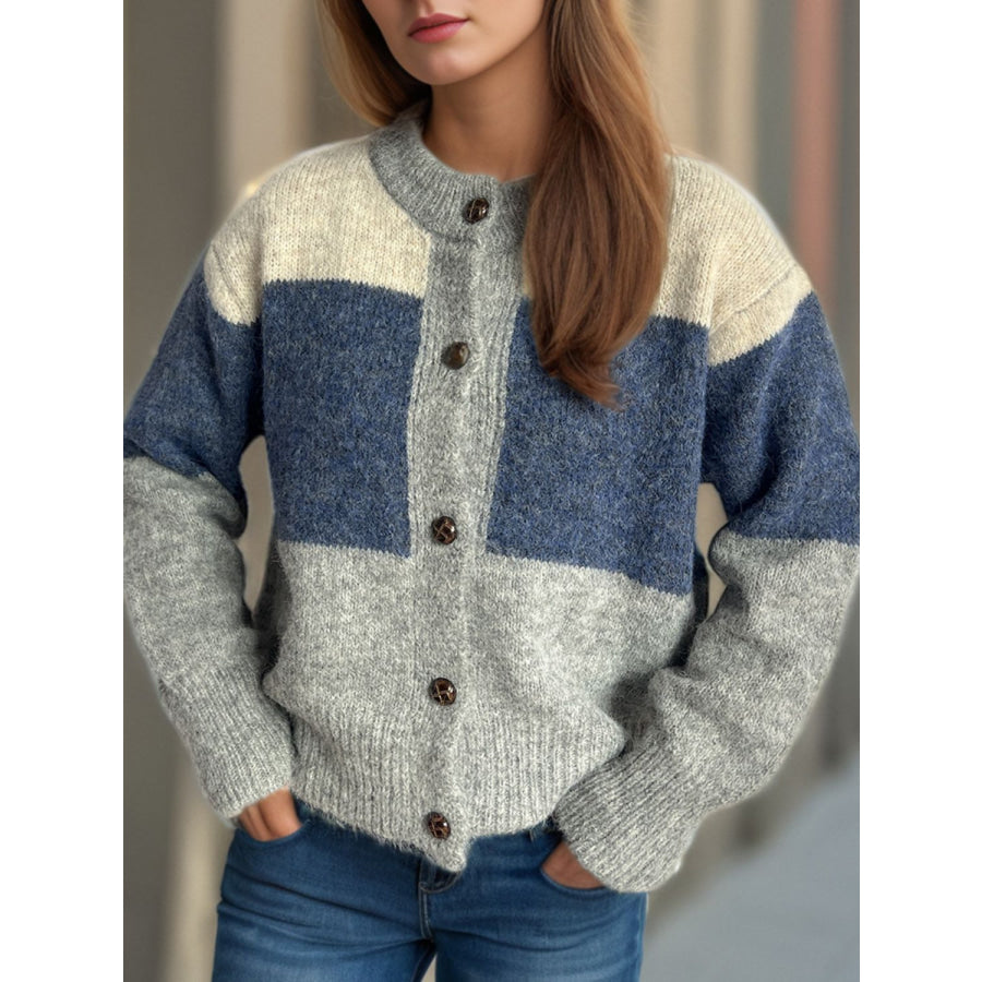 Color Block Round Neck Button Up Cardigan Apparel and Accessories