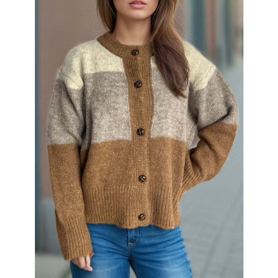 Color Block Round Neck Button Up Cardigan Apparel and Accessories