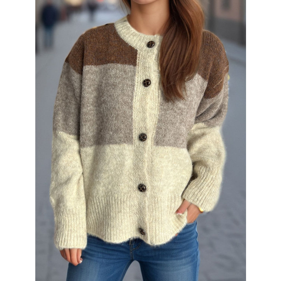 Color Block Round Neck Button Up Cardigan Apparel and Accessories