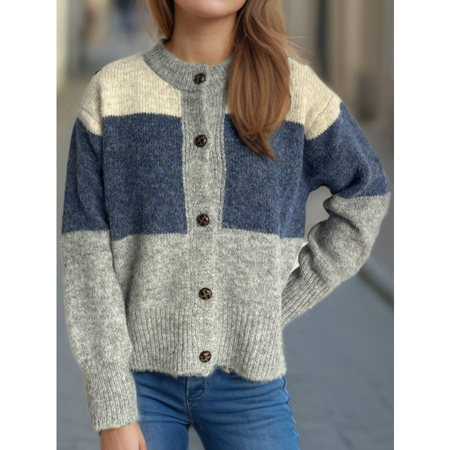 Color Block Round Neck Button Up Cardigan Apparel and Accessories