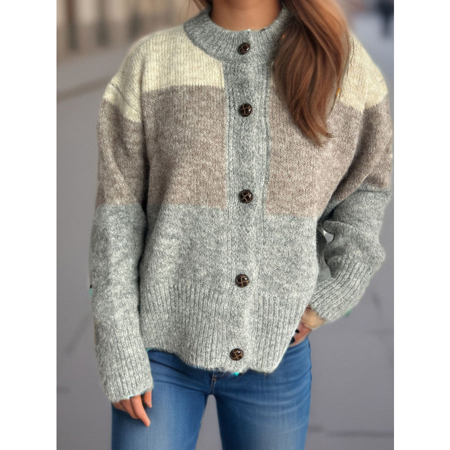 Color Block Round Neck Button Up Cardigan Apparel and Accessories