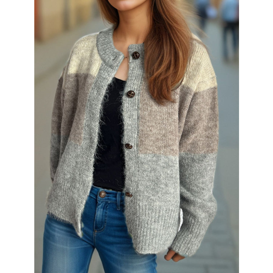 Color Block Round Neck Button Up Cardigan Apparel and Accessories