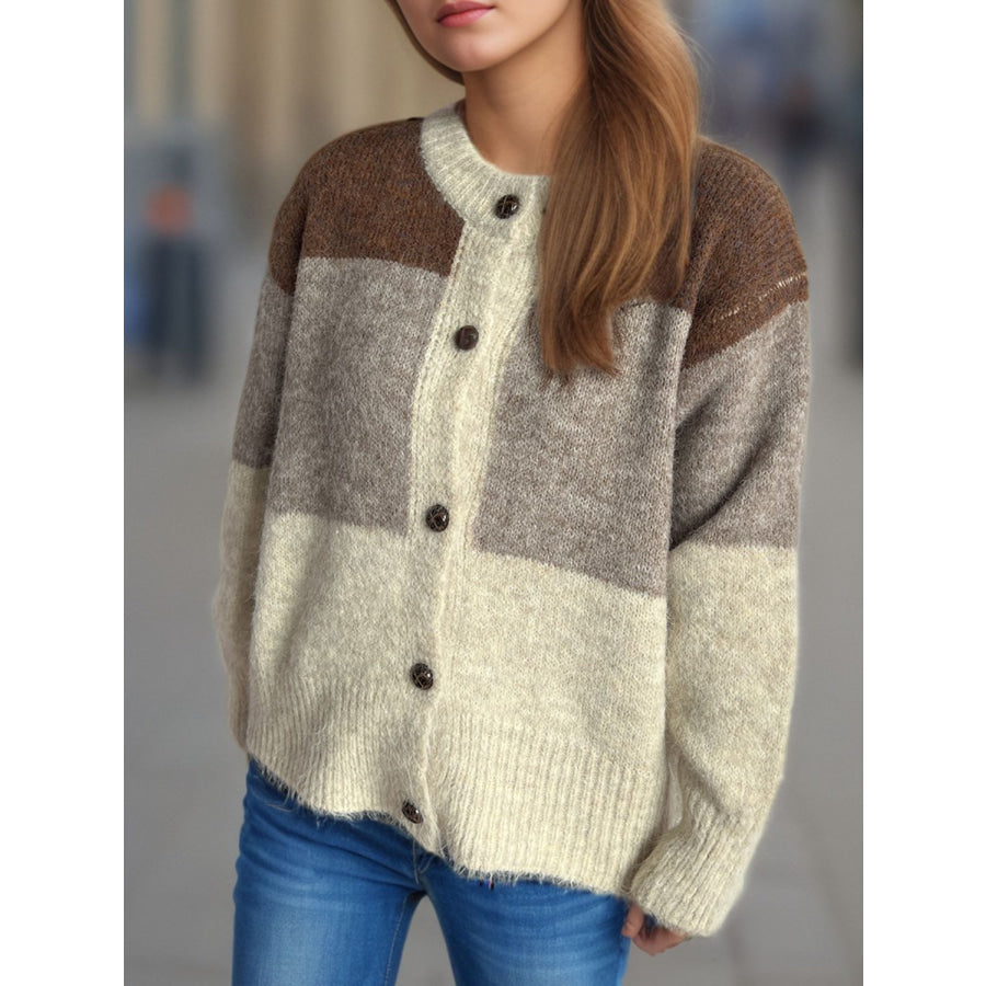 Color Block Round Neck Button Up Cardigan Apparel and Accessories