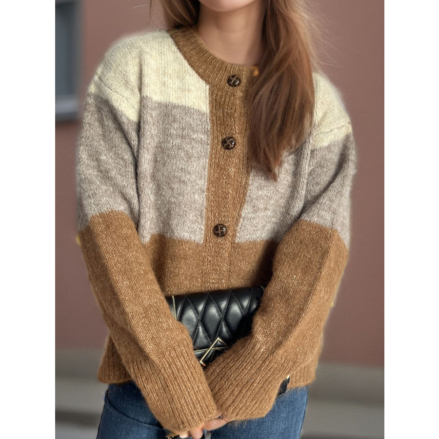 Color Block Round Neck Button Up Cardigan Apparel and Accessories