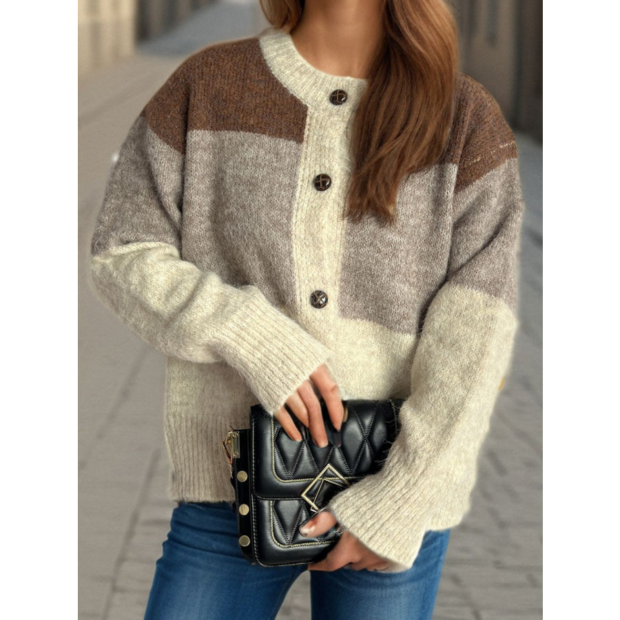 Color Block Round Neck Button Up Cardigan Beige / One Size Apparel and Accessories