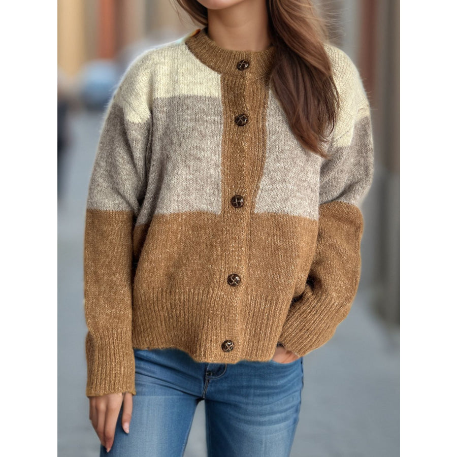 Color Block Round Neck Button Up Cardigan Caramel / One Size Apparel and Accessories
