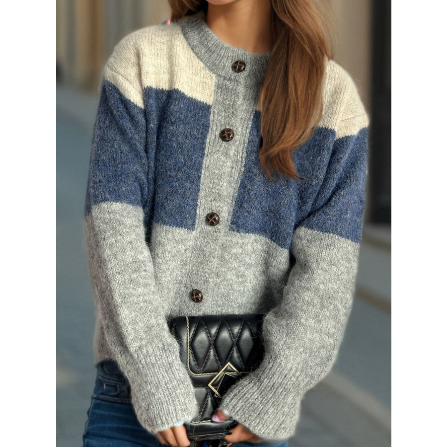 Color Block Round Neck Button Up Cardigan Dusty Blue / One Size Apparel and Accessories