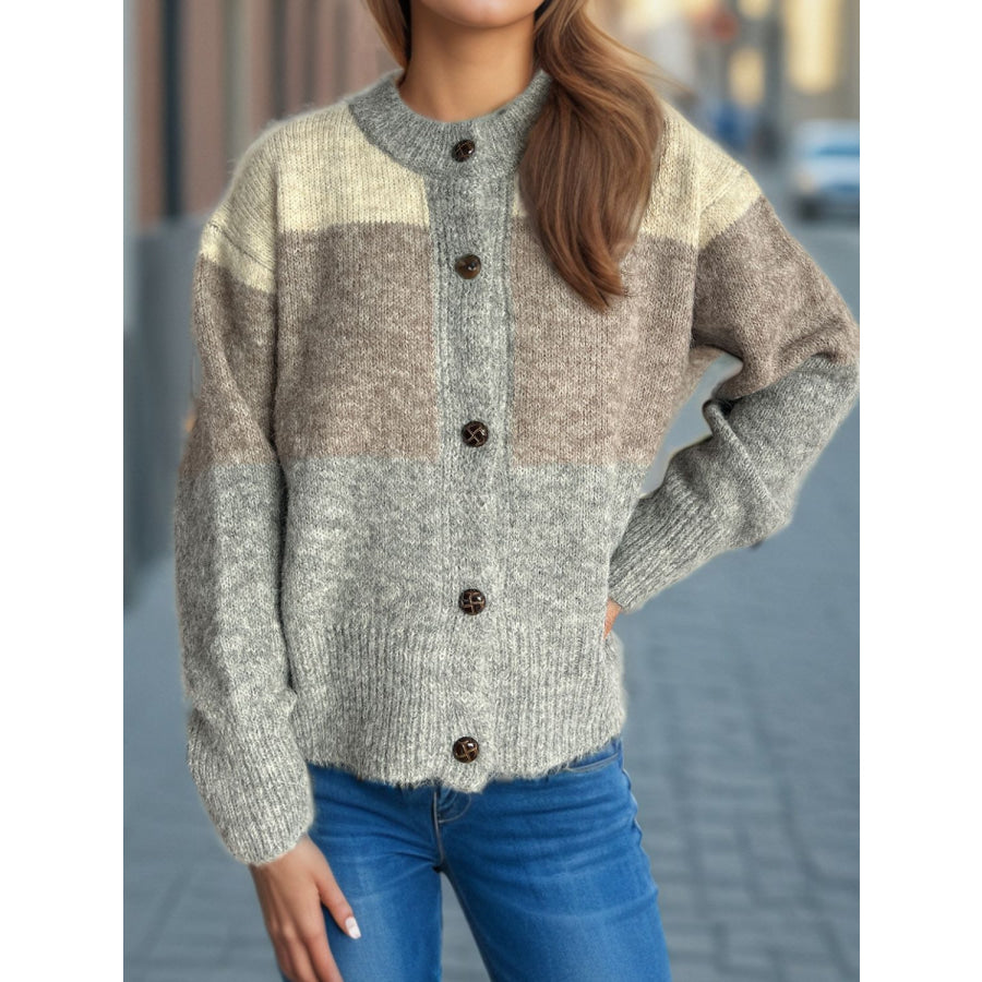 Color Block Round Neck Button Up Cardigan Gray / One Size Apparel and Accessories