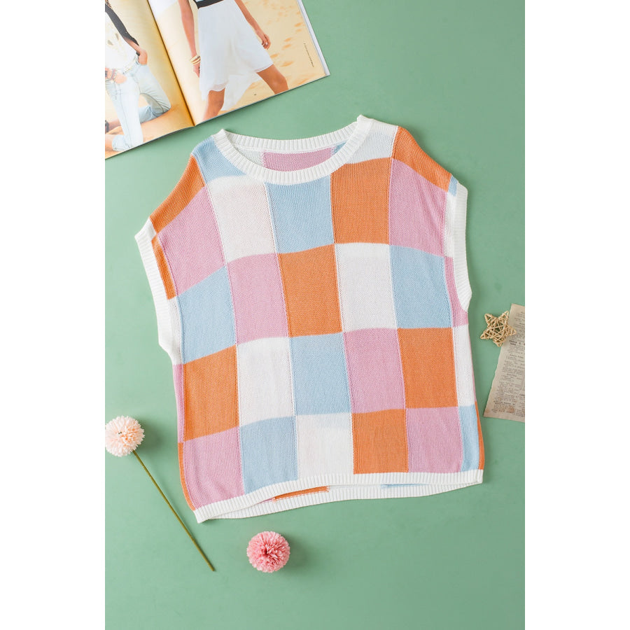 Color Block Round Neck Cap Sleeve Knit Top Apparel and Accessories
