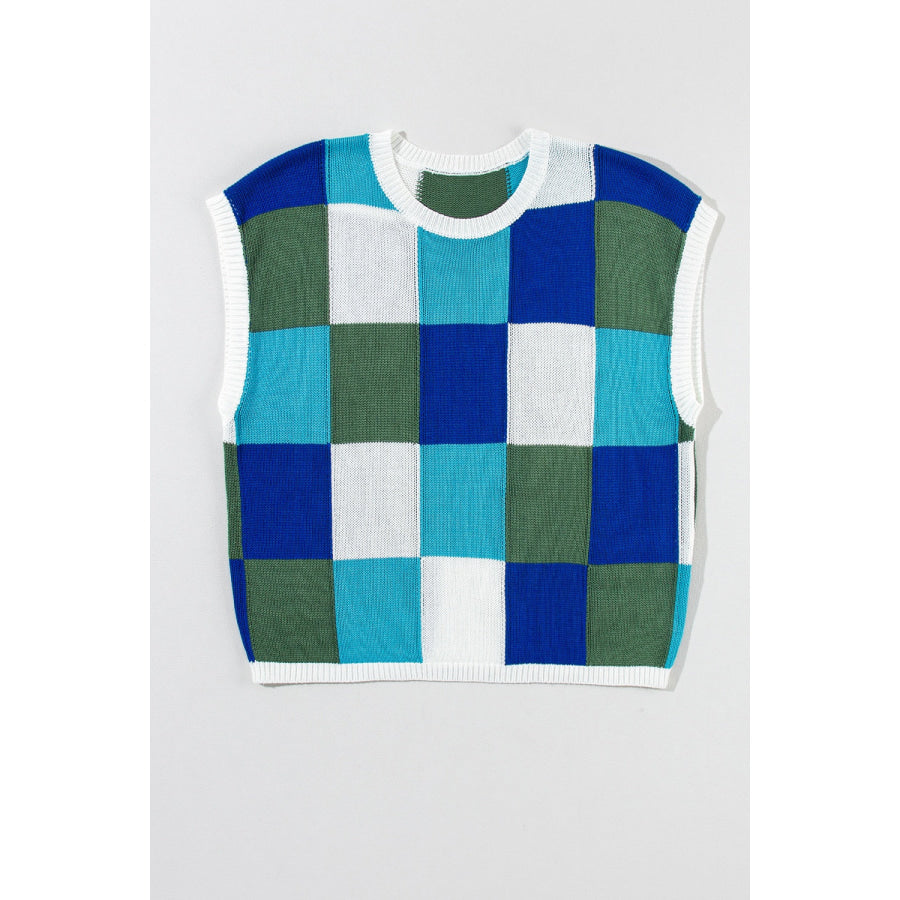 Color Block Round Neck Cap Sleeve Knit Top Navy / S Apparel and Accessories