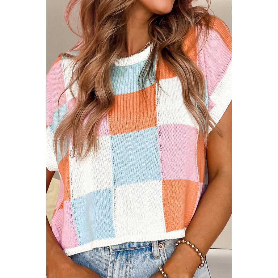 Color Block Round Neck Cap Sleeve Knit Top Pastel Blue / S Apparel and Accessories